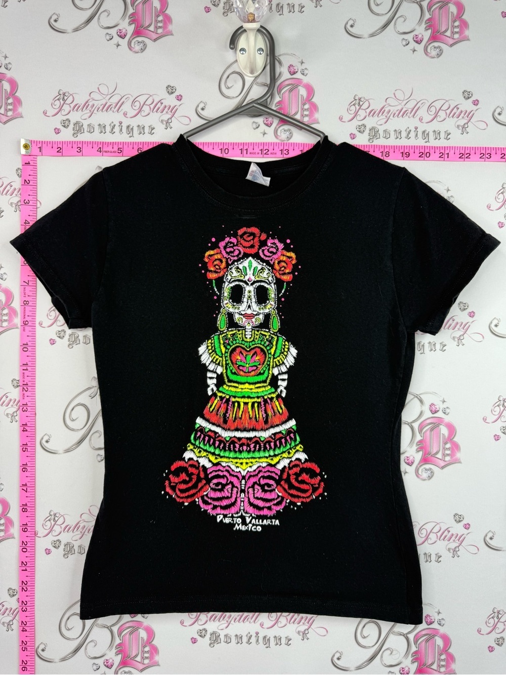 Yazbek Tshirt Black Short Sleeve Tee with Colorful Day of the Dead Doll Graphic